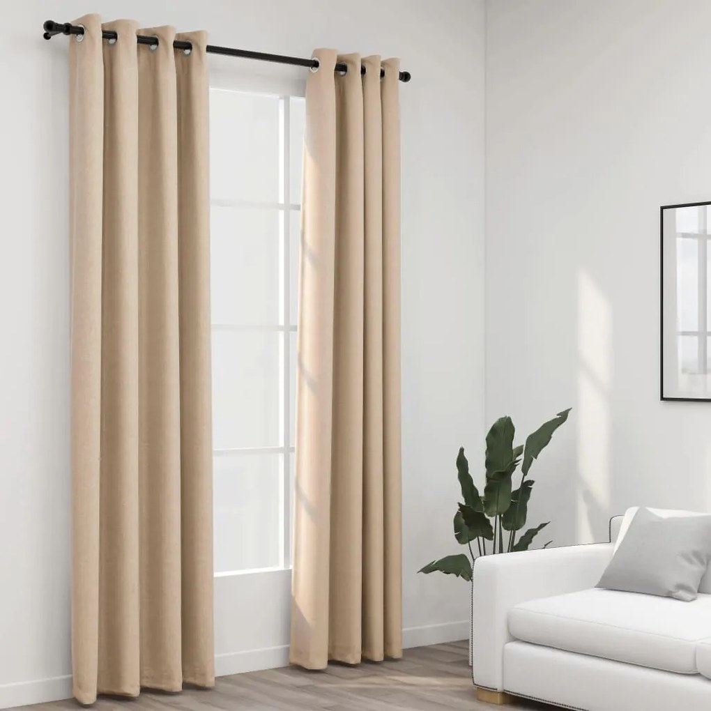 Cortinas opacas aspeto linho c/ ilhós 2 pcs 140x245 cm bege