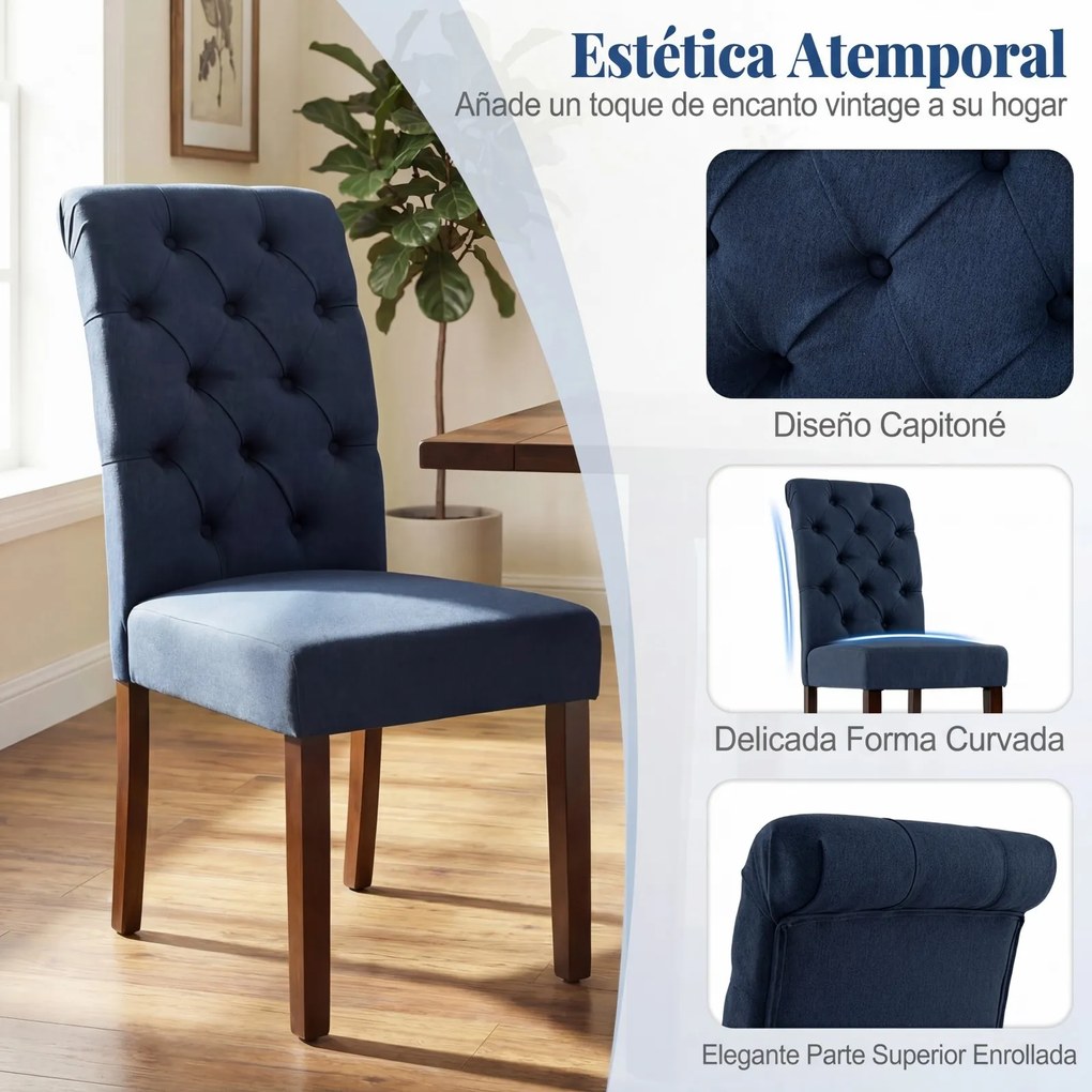 Conjunto de 2 cadeiras de jantar com encosto alto, assento almofadado e pernas em madeira maciça para sala de jantar em azul-marinho