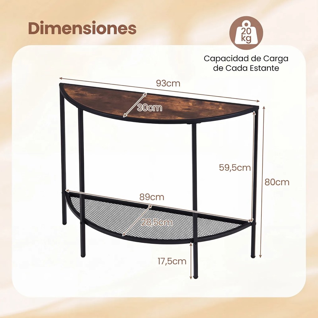Mesa de Consola Semicircular, 92 x 30 x 80 cm, 2 Níveis de Arrumação, Castanho