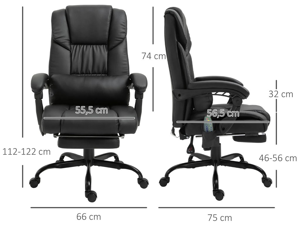 Cadeira de Escritório com Massagem de 6 Pontos Encosto Alto Reclinável Apoio para Pés e Controlo Remoto 66x75x112-122 cm Preto