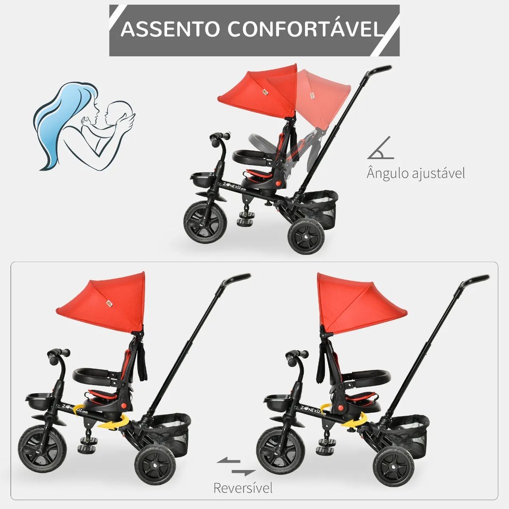 Triciclo Infantil 4 em 1 Bicicleta para Crianças 1-5 Anos com Assento Giratório Capô Ajustável Guidão de Empurre e Apoio para os Pés Dobrável 111,5x52