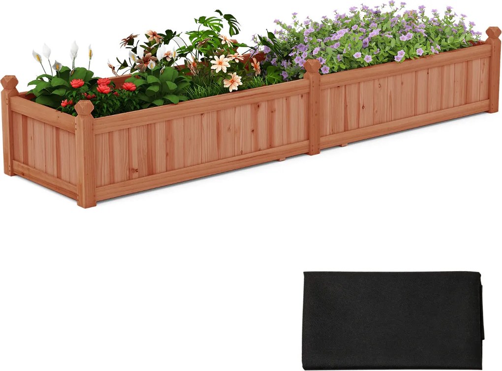 Floreira de jardim em madeira 227 cm x 59,5 cm x 40 cm com divisória Sistema de drenagem Forro não tecido para cultivar legumes e flores Castanho