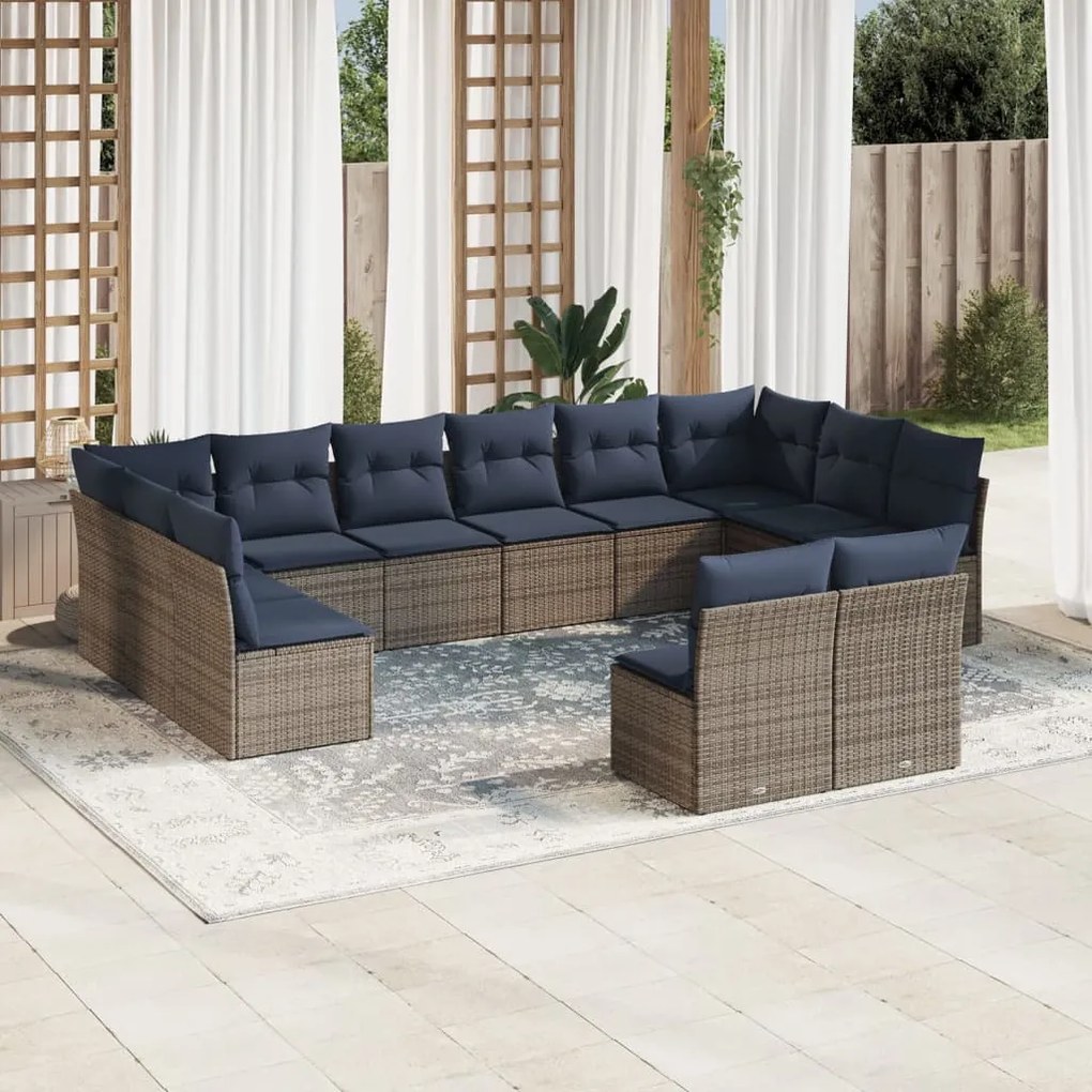 vidaXL 12 pcs conjunto sofás p/ jardim c/ almofadões vime PE cinzento