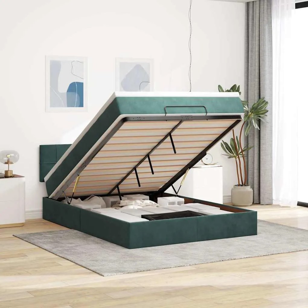 vidaXL Estrutura de cama otomana com colchão 140x200 cm verde escuro