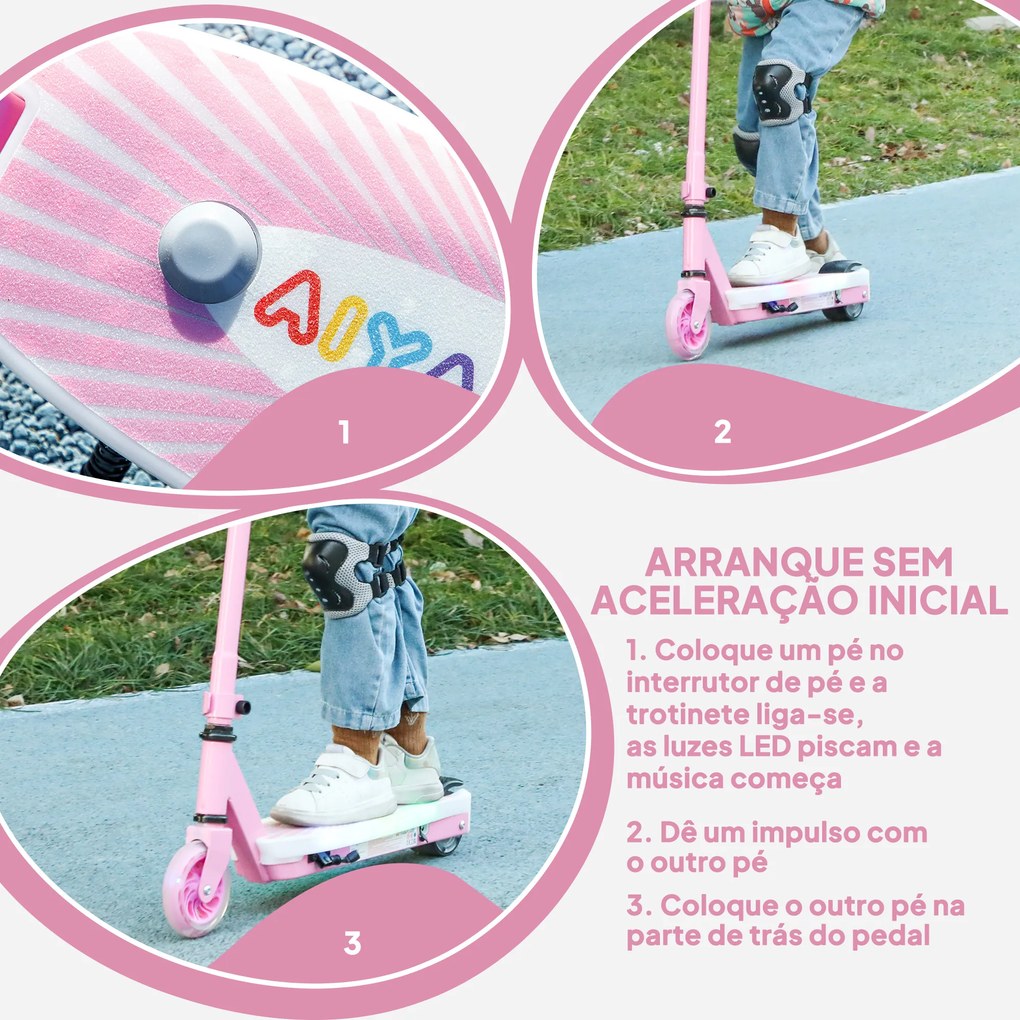 Trotinete Elétrica para Crianças Máx. 6 km/h Motor 80 W Autonomia Máxima 8 km com Luzes LED Travão Traseiro Rosa
