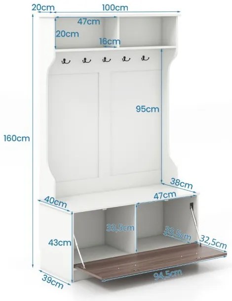 Cabide para entrada com sapateira 100 x 40 x 160 cm, armário de entrada com banco, 2 compartimentos abertos, branco