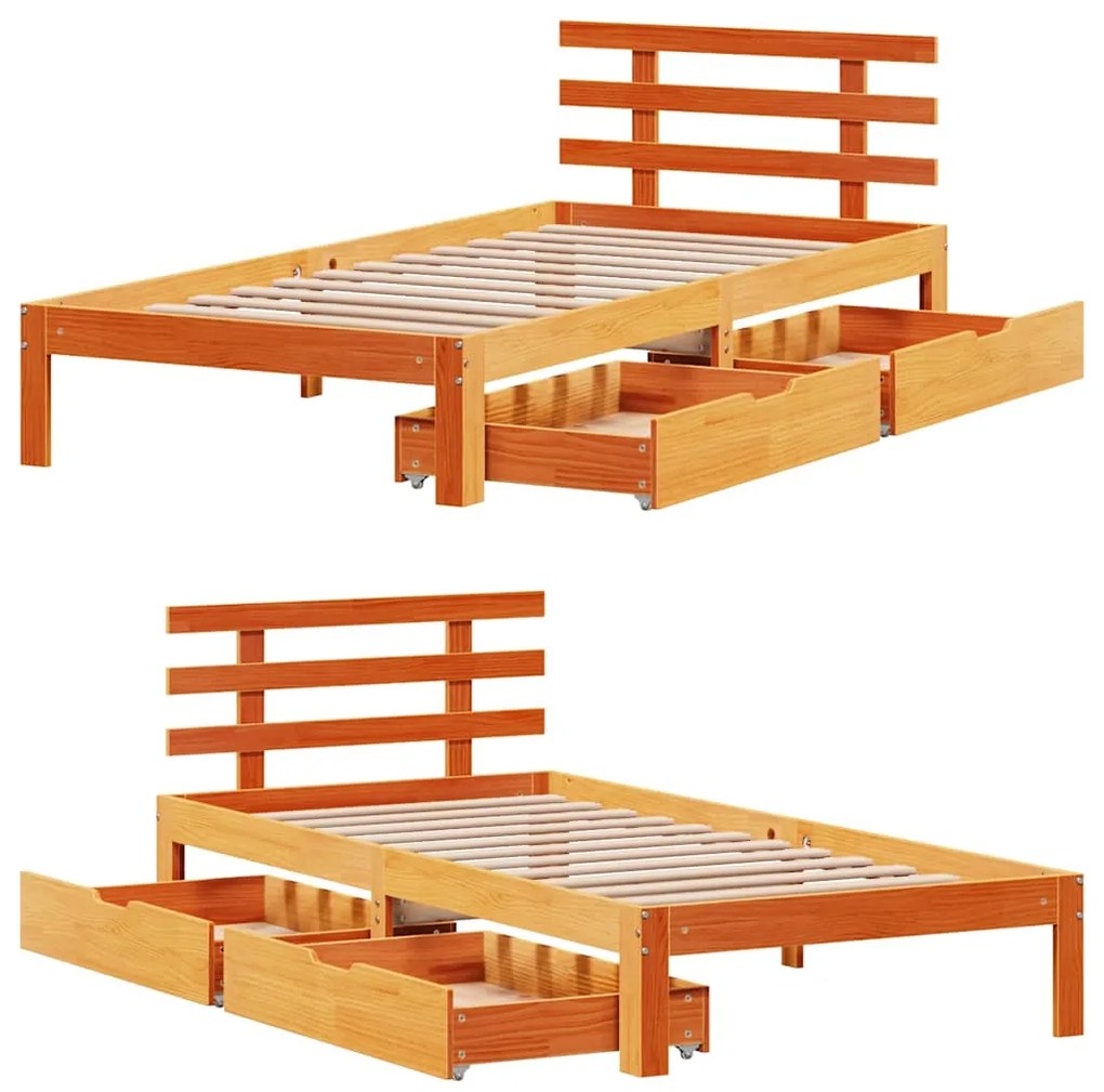 Estrutura cama c/ gavetas 100x200 cm pinho maciço castanho-mel