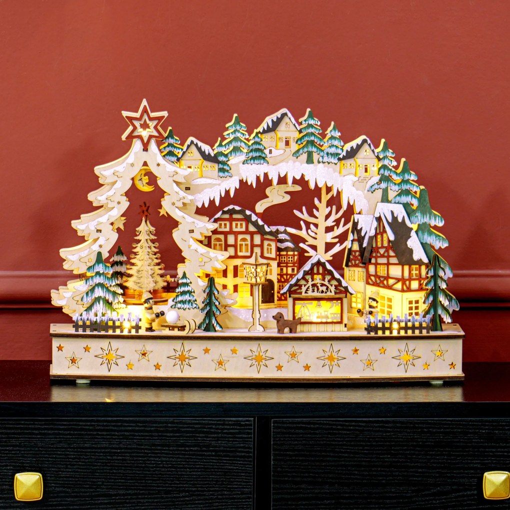 Aldeia de Natal Luminosa, 45 x 12 x 30 cm, com 20 LED, Cor Madeira Natural