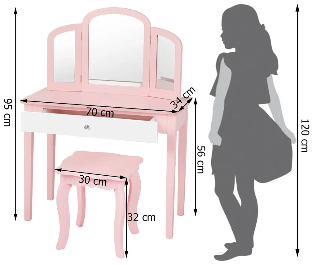 Conjunto Toucador e Banco infantil Mesa de Maquilhagem para Princesas com  Espelho Rotativo 360° Removível 3 Gavetas Branco e Rosa