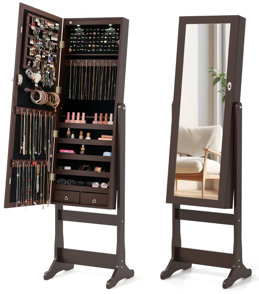 Armário para joias com espelho de corpo inteiro e luzes LED 4 ângulos de inclinação ajustáveis 41 x 37 x 146 cm Castanho