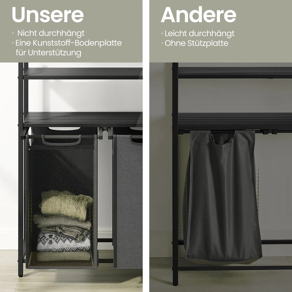 Cesto para roupa suja com 2 compartimentos com 2 prateleiras, saco removível e extraível 73 x 33 x 92 cm Preto + Cinza