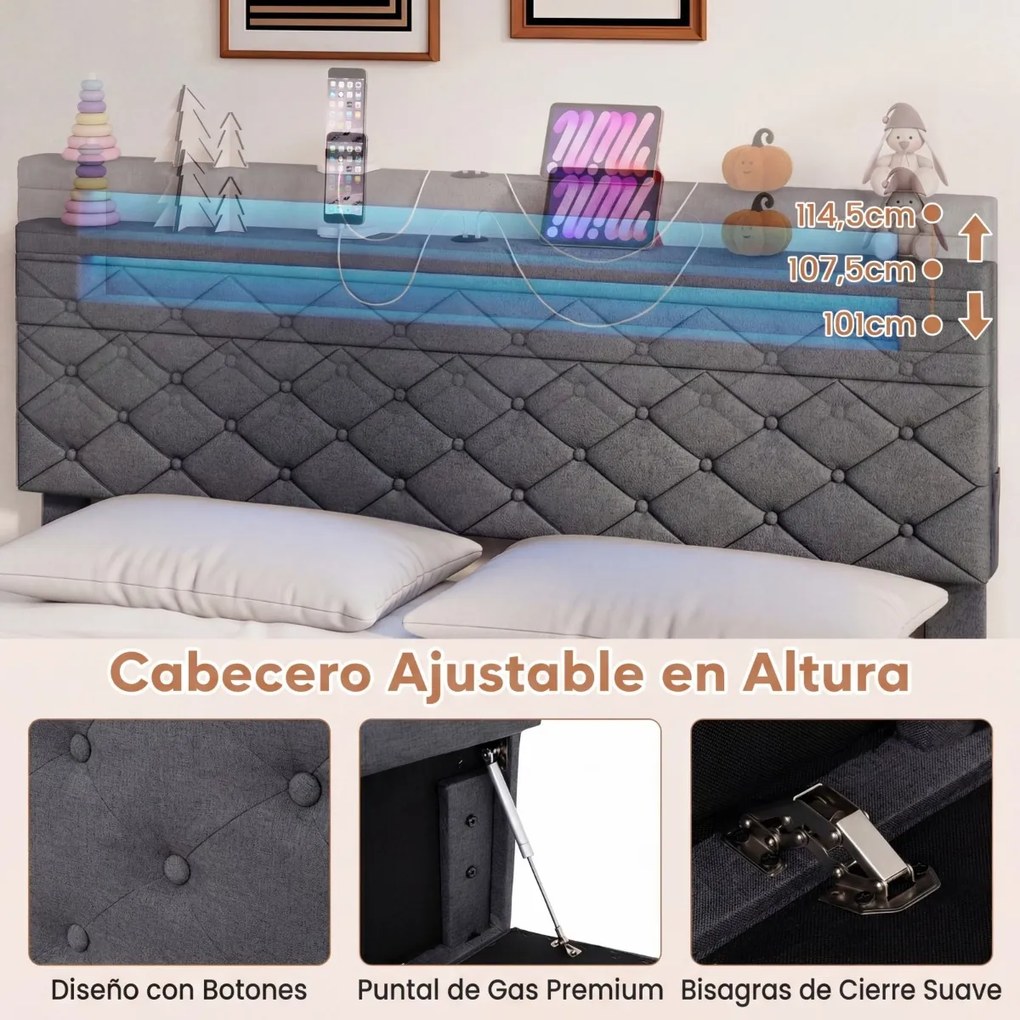 Estrutura de cama 140x200 cm (COLCHÃO NÃO INCLUIDO) com LED USB, estofado, gavetas, cabeceira ajustável, espaço de arrumação, ripas de madeira, não ne