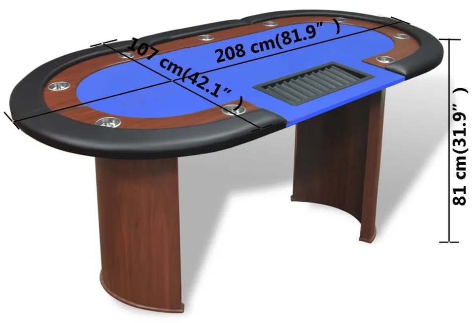 Mesa poker 10 jogadores c/ área crupiê e tabuleiro fichas azul