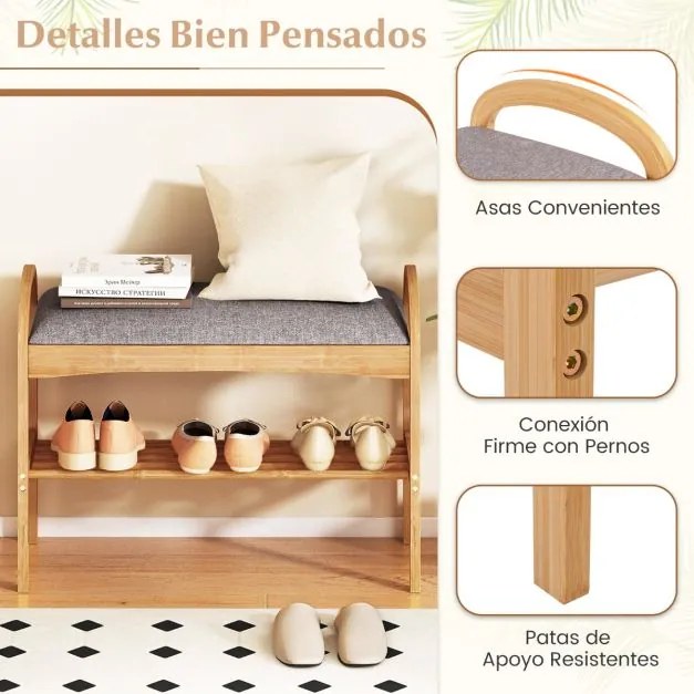 Banco para sapatos em bambu 70 x 31 x 51 cm com 2 níveis com almofada acolchoada e prateleira – ideal para a entrada, corredor, sala de estar e quarto