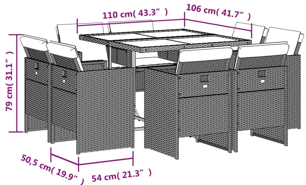 9 pcs conjunto de jantar p/ jardim c/ almofadões vime PE cinza