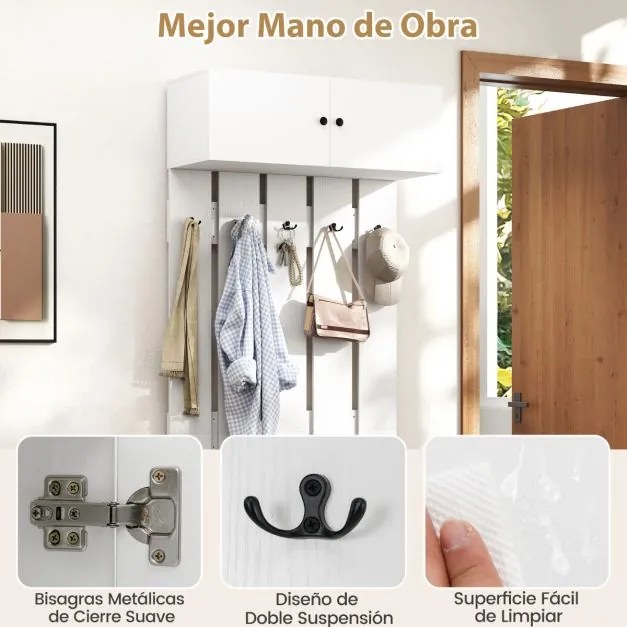 Cabide de parede para hall de entrada 90 x 33 x 210 cm com 5 ganchos duplos e armário com 2 portas e prateleira superior Branco