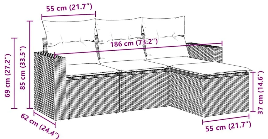 4 pcs conjunto sofás de jardim c/ almofadões vime PE castanho