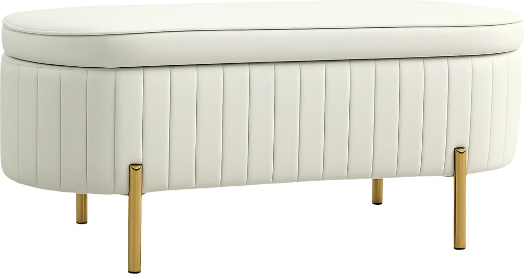 Banco de arrumação, pufe de veludo com tampa, pés de metal, capacidade de 72 L, 108 x 44 x 43,5 cm, creme