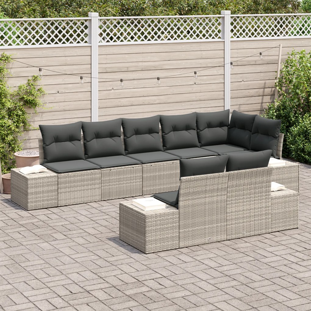 Conjunto de Sofás de Jardim de 8 Peças com Almofadas Cinza Claro de Po