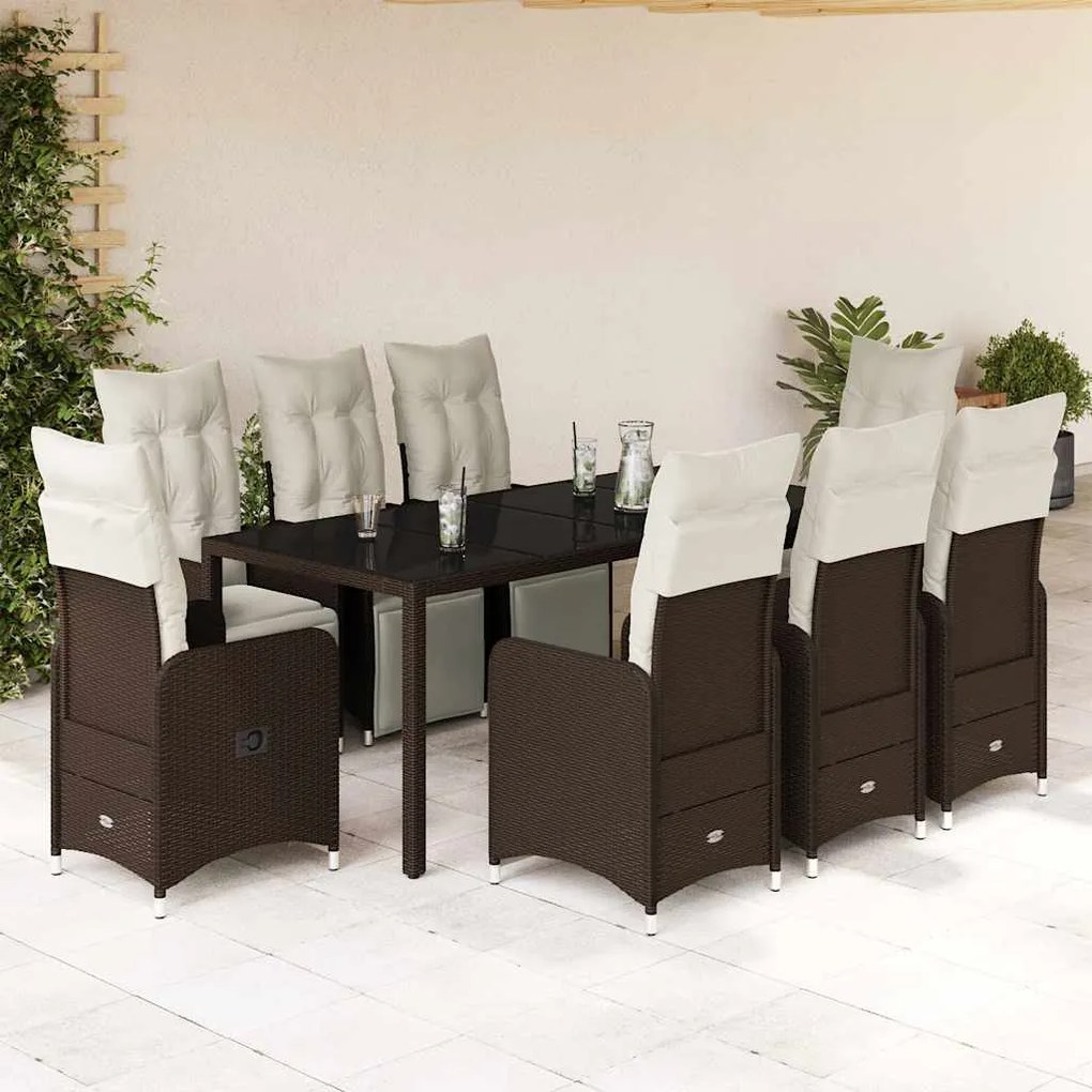 9 pcs conjunto bistrô de jardim c/ almofadões vime PE castanho