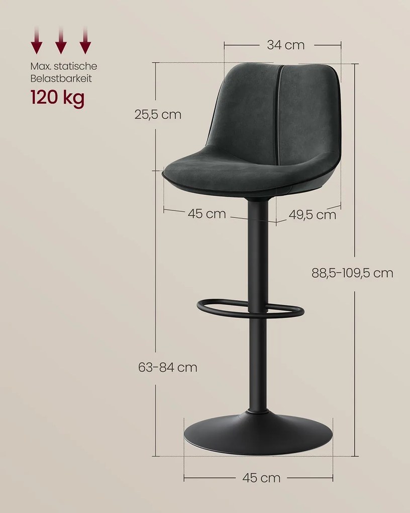 Conjunto de 2 bancos altos ajustáveis em altura com assento giratório e revestimento em veludo 49,5 x 45 x 88,5–109,5 cm Antracite