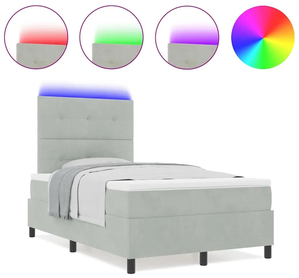 Cama Box com Colchão e Luz LED Cinza Claro 120x200 cm Veludo