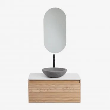 Conjunto De Móvel De Casa De Banho Suspenso 80x50 Cm Em Madeira De Freixo Tedrik Castanho Fresno & Cimento Cinzento Redondo Ø40 Cm Tarsis - Sklum