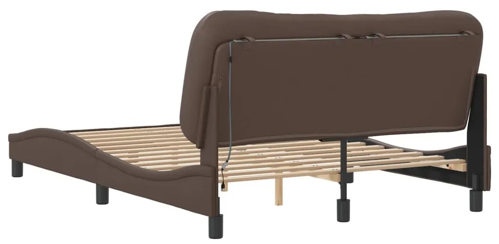 Estrutura cama c/ luzes LED 140x200cm couro artificial castanho