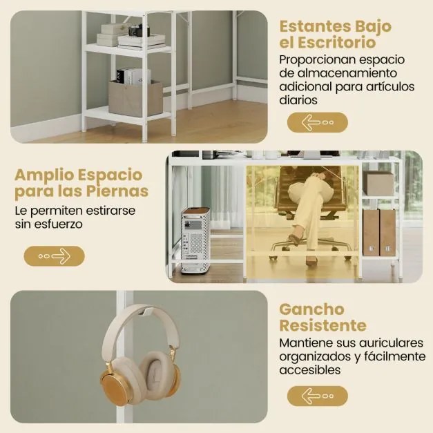 Secretária em forma de L  150 x 120 x 148 cm com compartimento de canto para computador com prateleiras e gancho para auscultadores com estante Branca