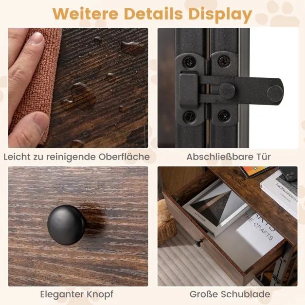 Gaiola para cães Mesa auxiliar para uso doméstico com estação de carregamento, porta, gaveta e tubos de metal castanho