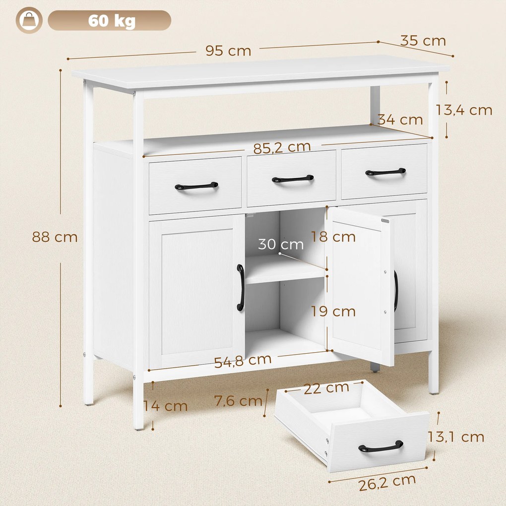Aparador de cozinha 95 x 35 x 88 cm, móvel de arrumação, 3 portas, 3 gavetas, compartimento aberto e prateleiras ajustáveis, branco