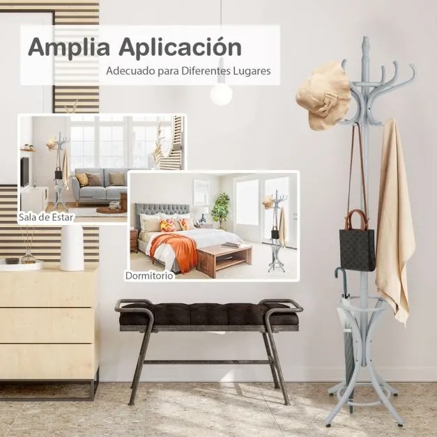 Cabide de madeira de 184 cm com suporte 12 cabides para pendurar roupa e chapéu para o quarto, hall de entrada, cinzento