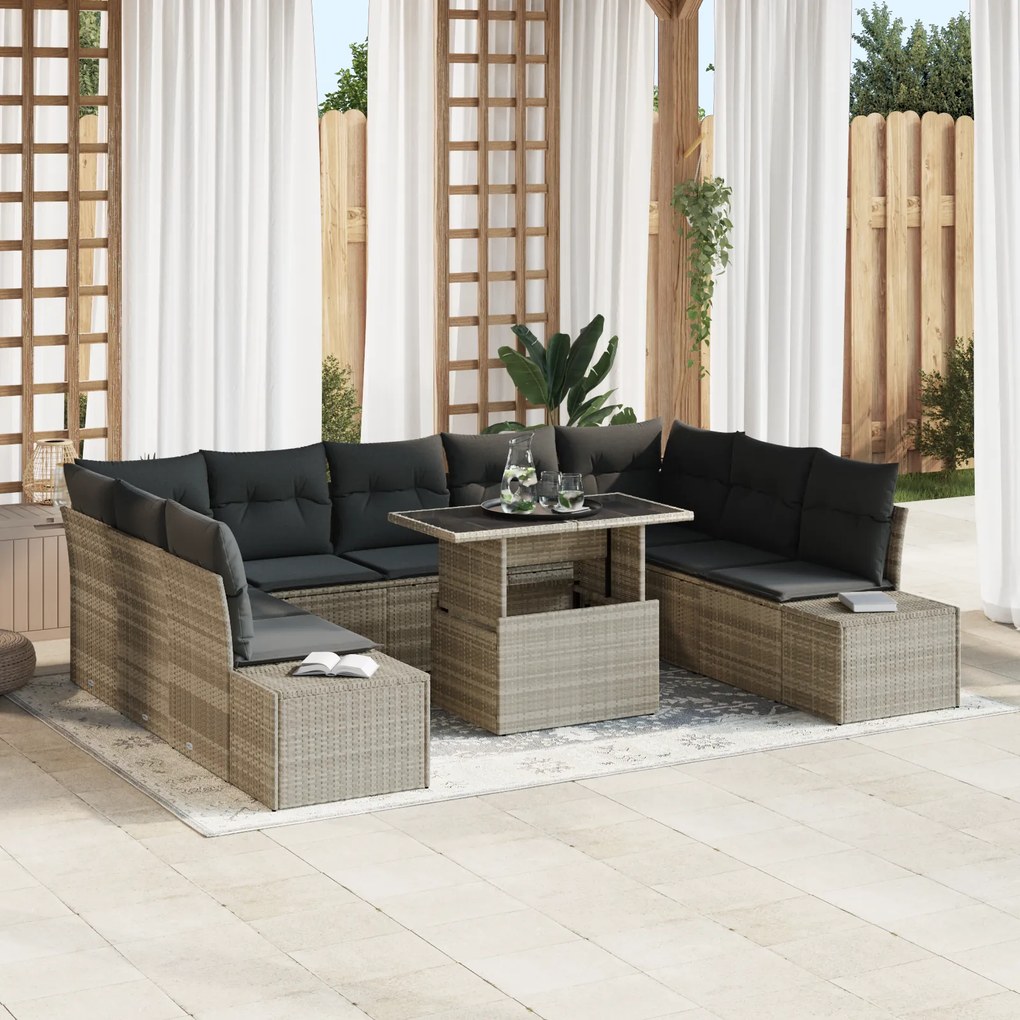 vidaXL Conjunto de Sofá de Jardim com 10 Peças e Almofadas Cinza Claro em Rattan