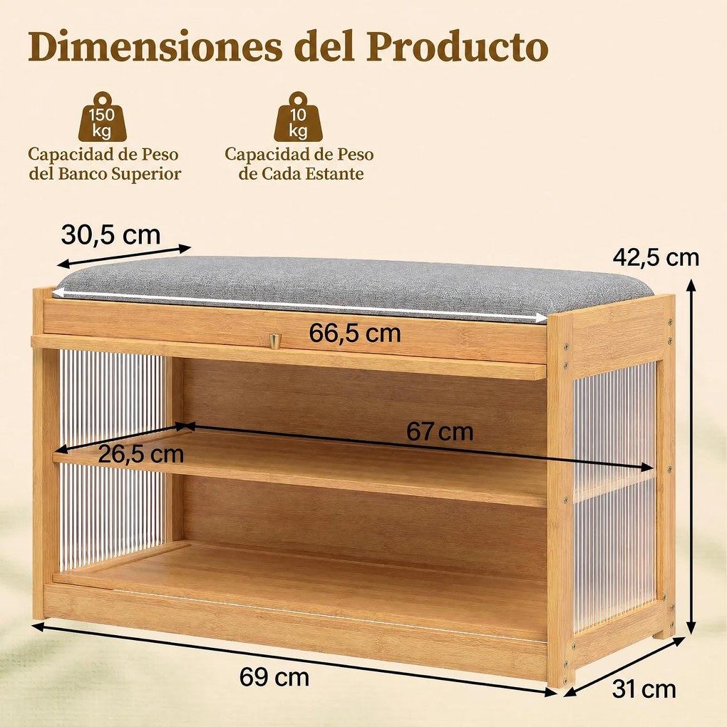 Banco-Sapateira, 69 x 31 x 42,5 cm, Assento Almofadado, Natural