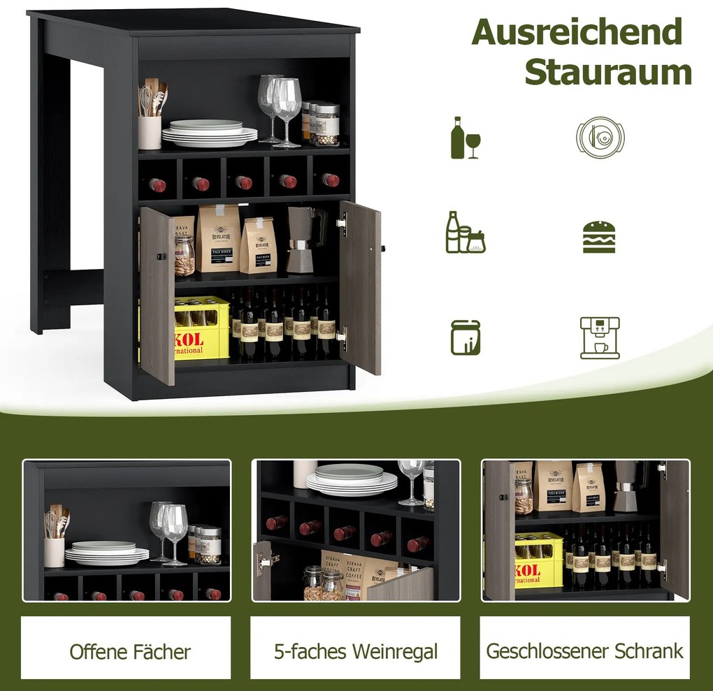 Mesa de bar, cozinha com prateleiras para vinhos 120 x 60 x 91,5 cm e compartimentos abertos e 2 portas, para 2 pessoas Preto + Cinza
