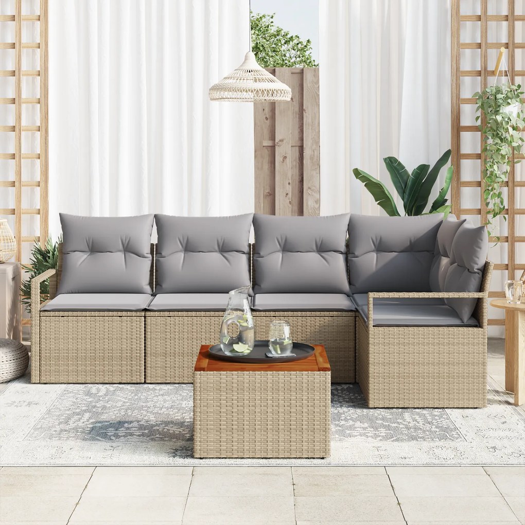Conjunto de Sofá de Jardim de 6 Peças com Almofadas Bege Vime Polímero