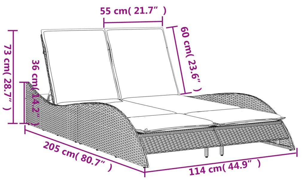 Espreguiçadeira c/ almofadões 114x205x73 cm vime PE cinza-claro