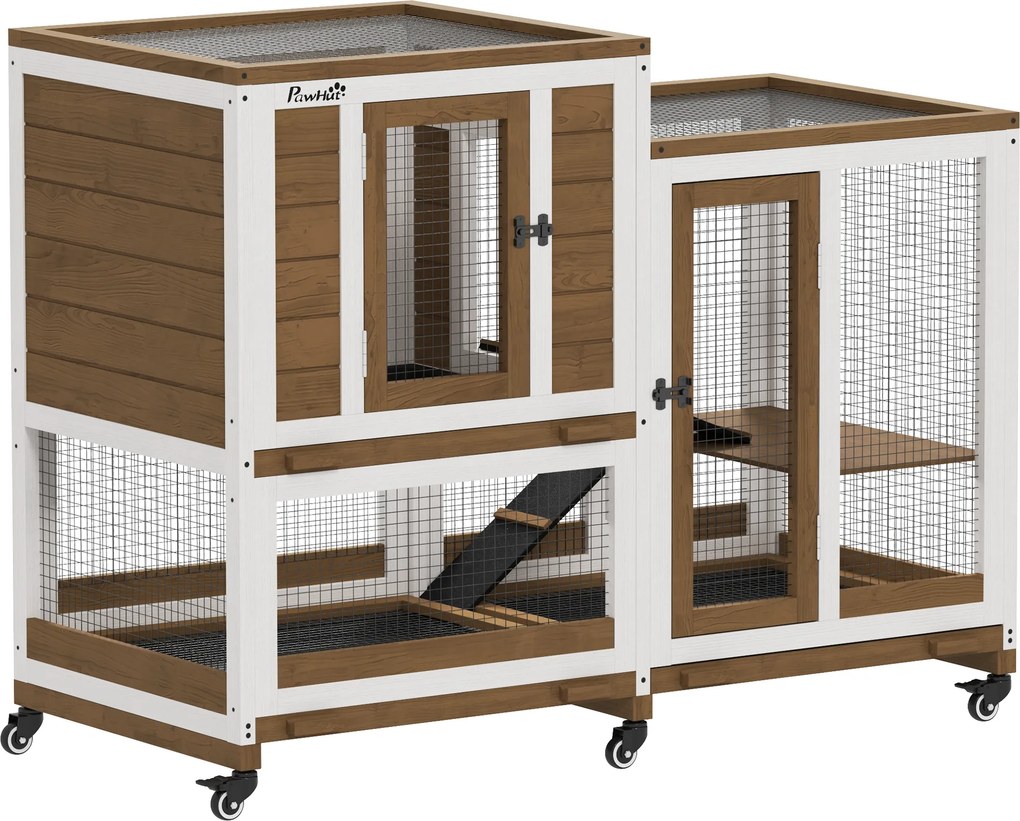 Coelheira de Madeira Interior Gaiola para Coelhos de 2 Níveis com Rodas 2 Rampas 3 Bandejas Amovíveis 110x50x86 cm Castanho