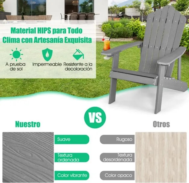 Cadeira de jardim Adirondack com suporte para copos em madeira de grão resistente às intempéries, jardim e terraço Cinzenta