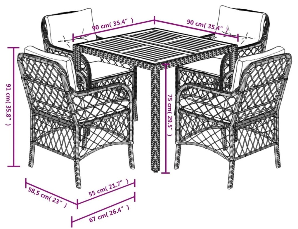 5 pcs conjunto de jantar p/ jardim c/ almofadões vime PE cinza