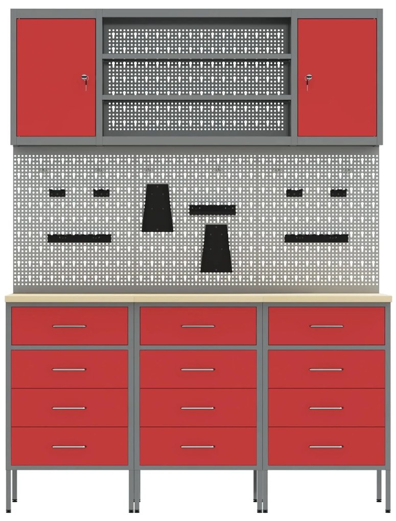 Conjunto de Bancada de Trabalho VidaXL com 7 Peças em Aço Vermelho