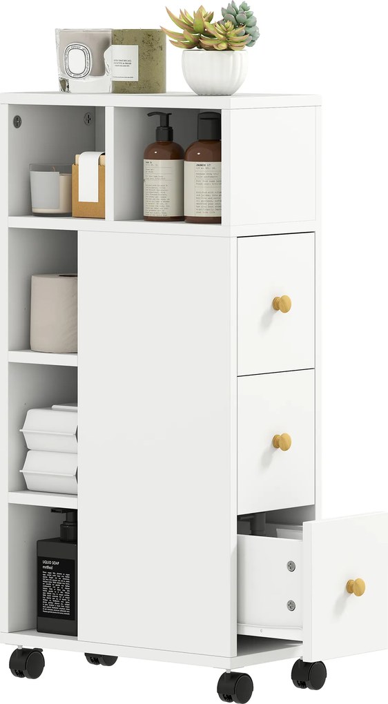 Móvel de casa de banho com rodas, móvel de arrumação estreito, 3 gavetas, 5 compartimentos abertos, 20 x 40 x 80 cm, branco