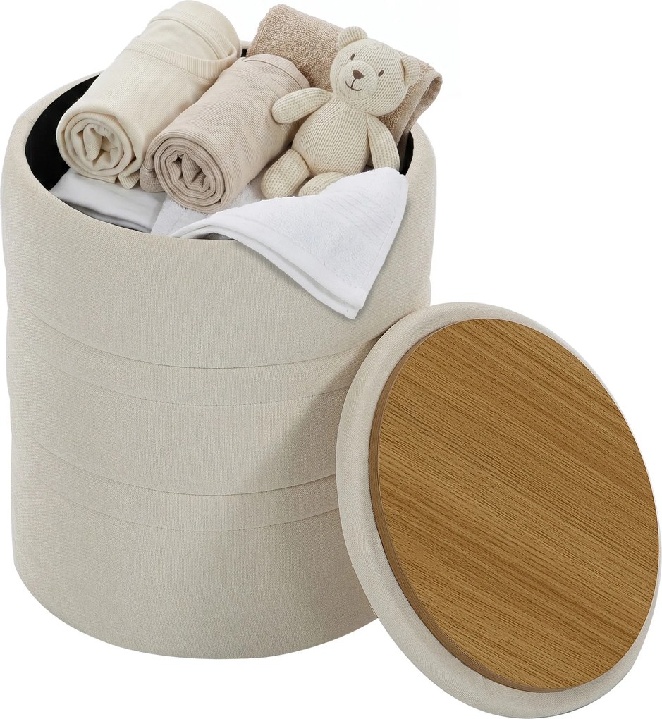 Pufe com espaço de arrumação em chenille e tampa Ø 36,5 x 46,5H cm, banco redondo para a sala e o quarto, bege