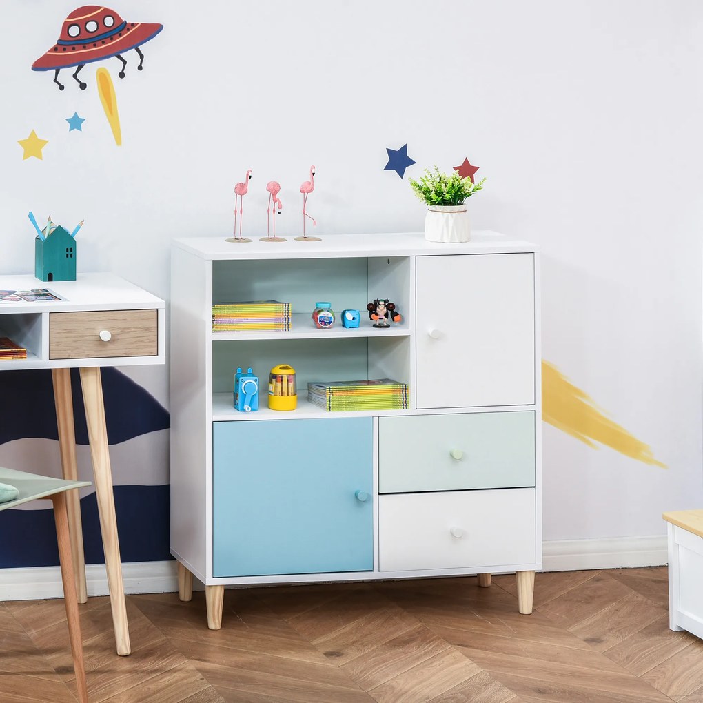 Móvel Infantil Cómoda para Crianças com 2 Compartimentos 2 Gavetas e 2 Armários para Armazenamento de Livros Brinquedos Roupa 80x30x85cm Azul