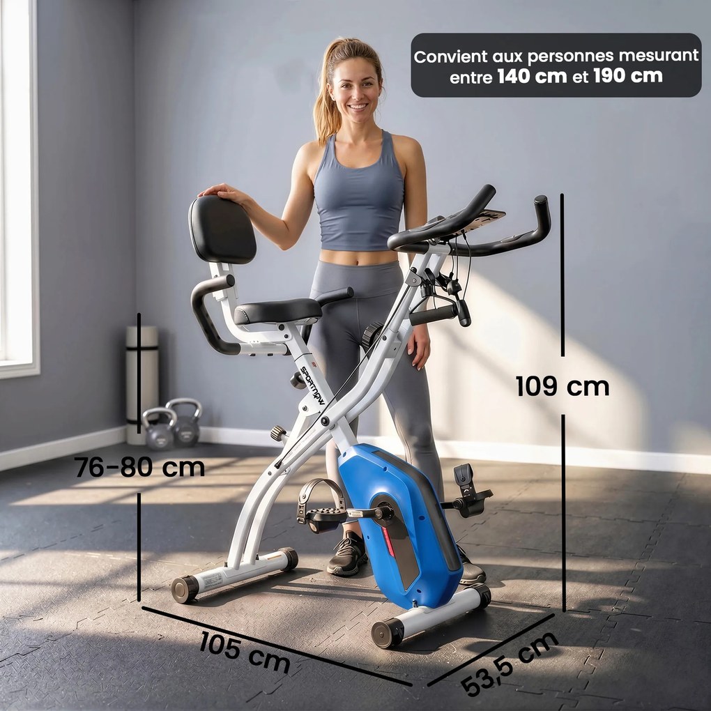 Bicicleta estática dobrável, bicicleta de fitness 3 em 1, silenciosa, conectada ao Kinomap via Bluetooth e ao Zwift, 105 x 53,5 x 109 cm, azul