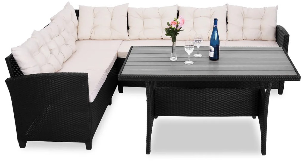 Conjunto de jardim de canto em polyrattan com tampo em WPC preto/creme
