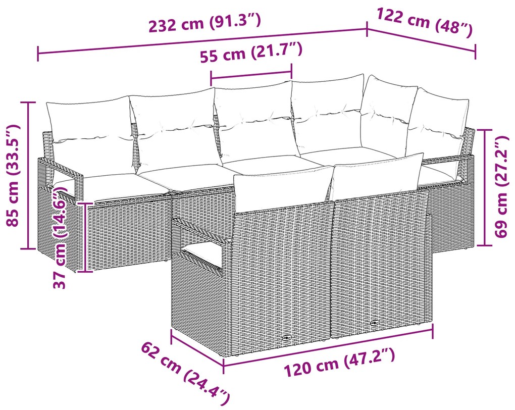 Conjunto de Sofá de Jardim 7 Peças com Almofadas Bege Rattan Poliéster