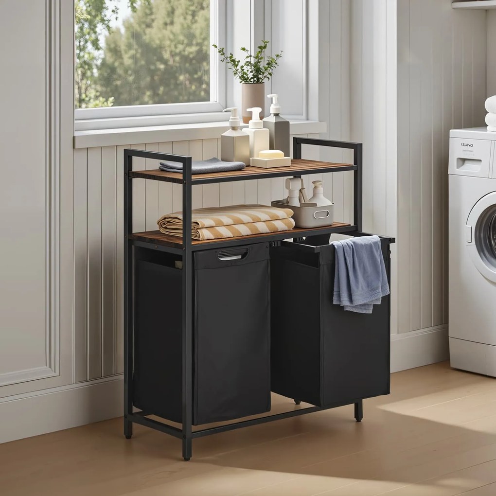 Cesto para roupa suja com 2 compartimentos com 2 prateleiras, saco extraível 73 x 33 x 92 cm castanho vintage-preto