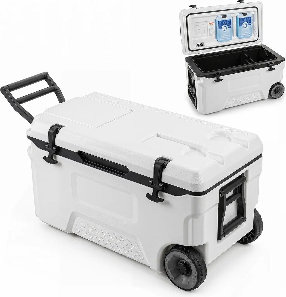 Geleira Portátil com Rodas, 74,5 x 41 x 40,5 cm, Capacidade de 50 L, Branco