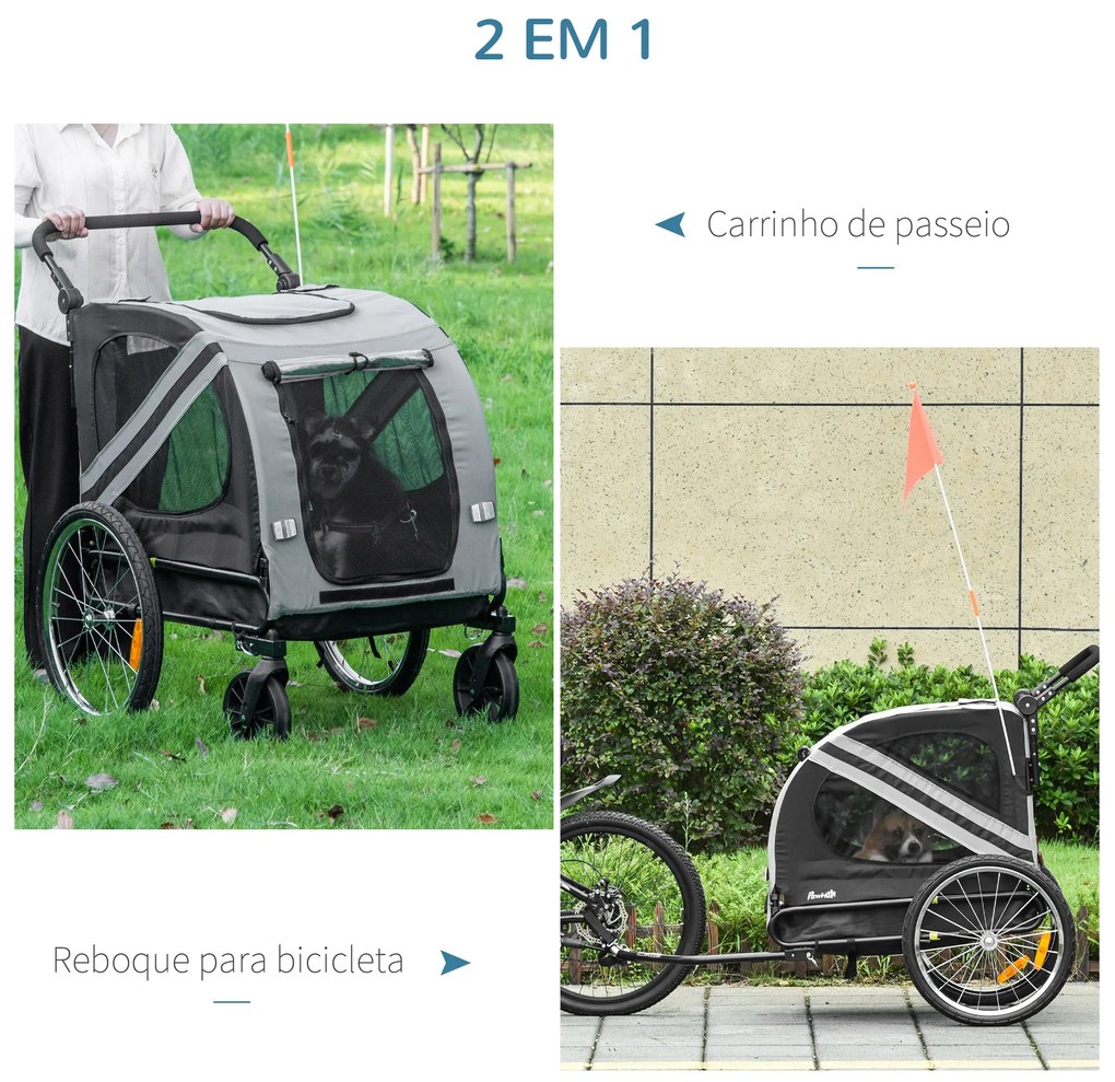 Reboque Bicicleta Cães 2 em 1 Transporte Animais Estimação Porta Enrolável Janelas 140x72,5x107,5cm Cinza